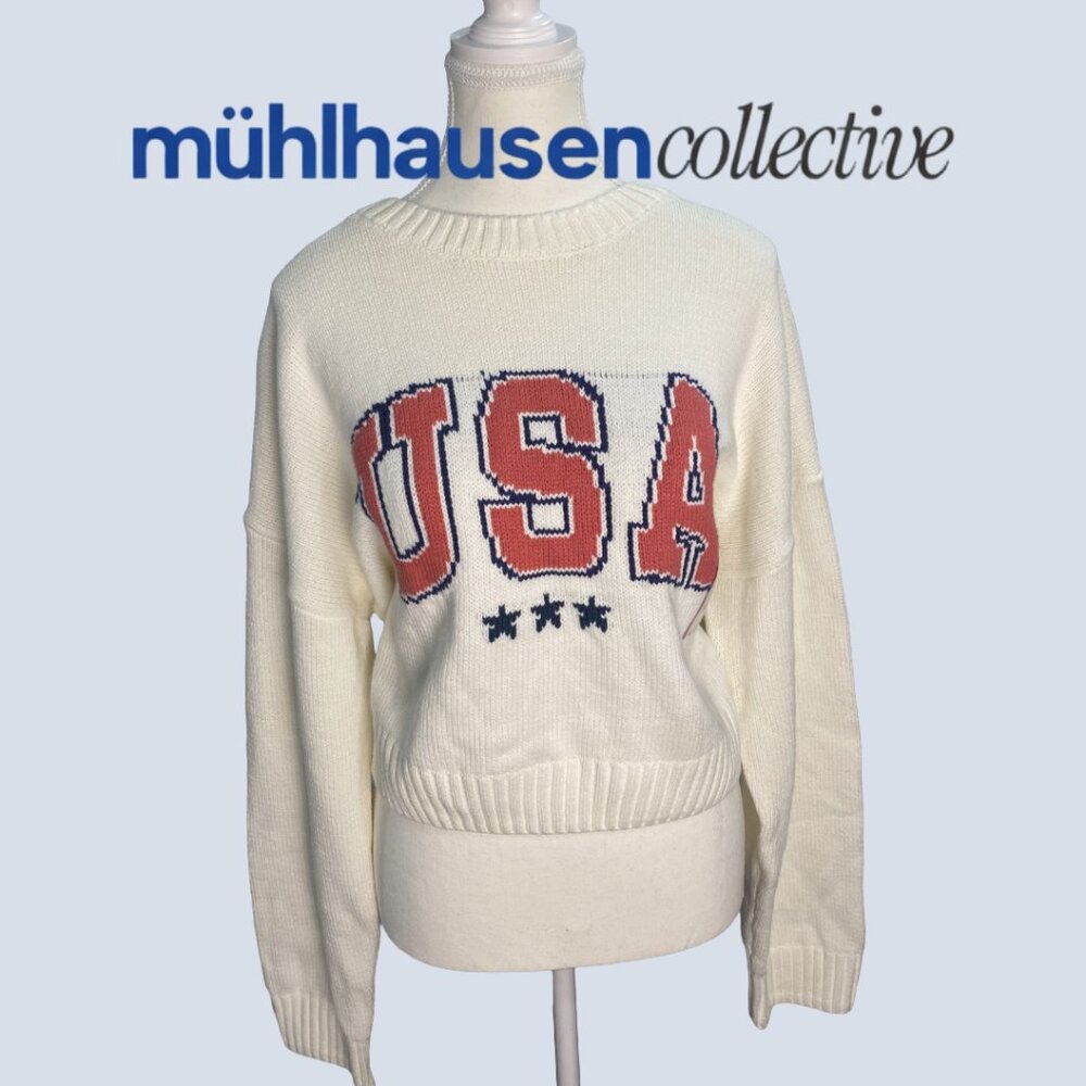NWT USA Knit Sweater Off-White Red Blue Graphic Pullover